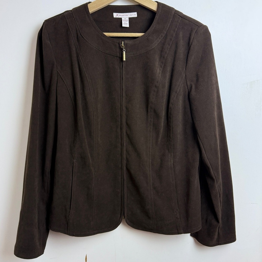 JM Collection Womens Jacket Professional Office 6P Brown Faux Suede Full Zip